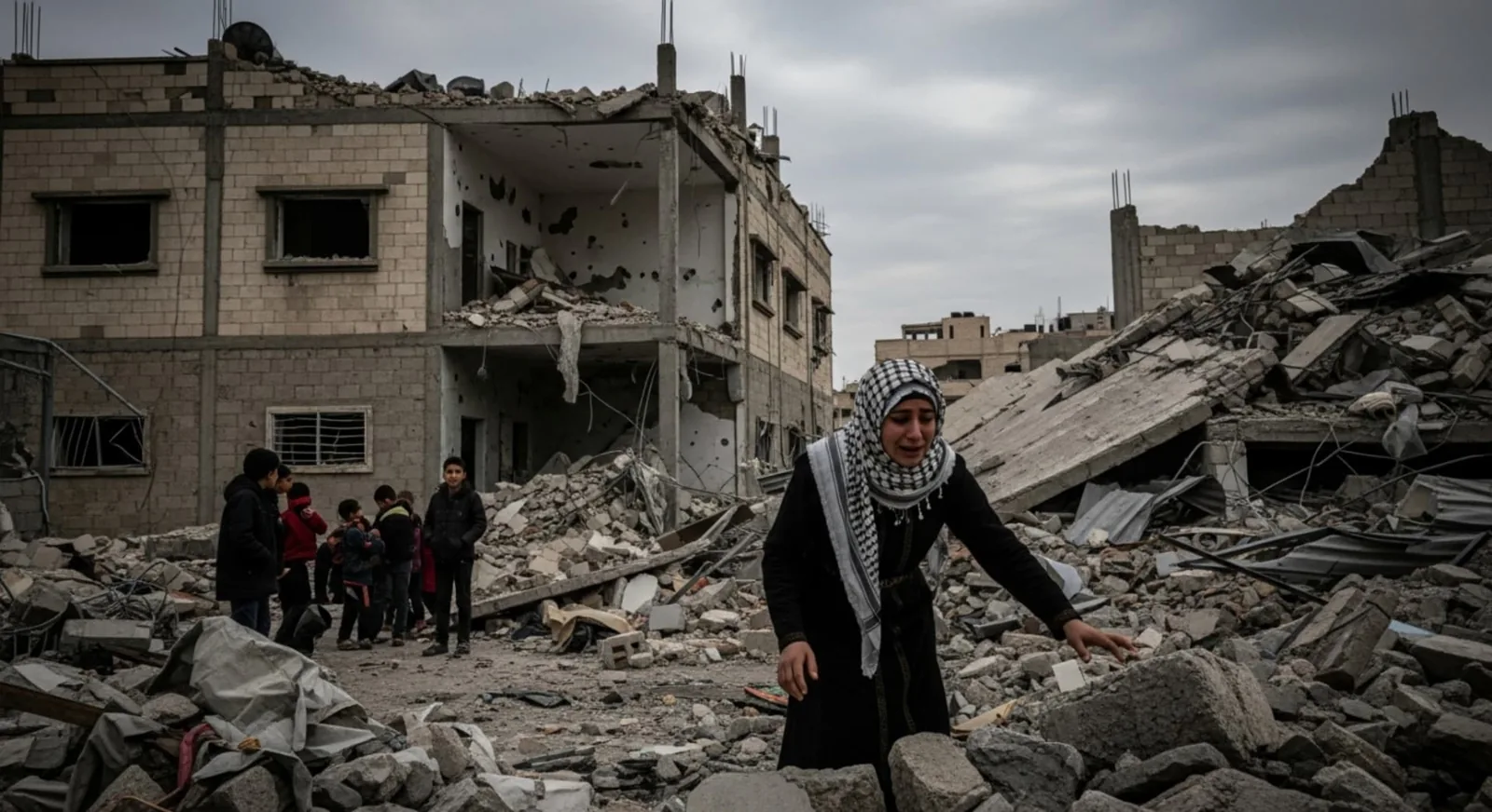 A woman and children navigate rubble near heavily damaged buildings.